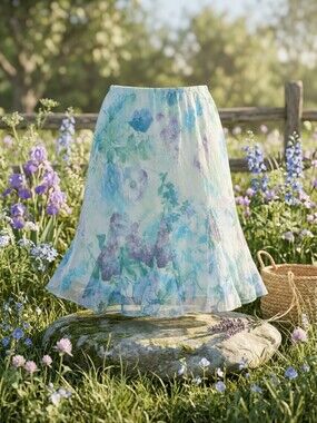 Floral A-Line Knee-Length Skirt - Pastel Blue & Lavender